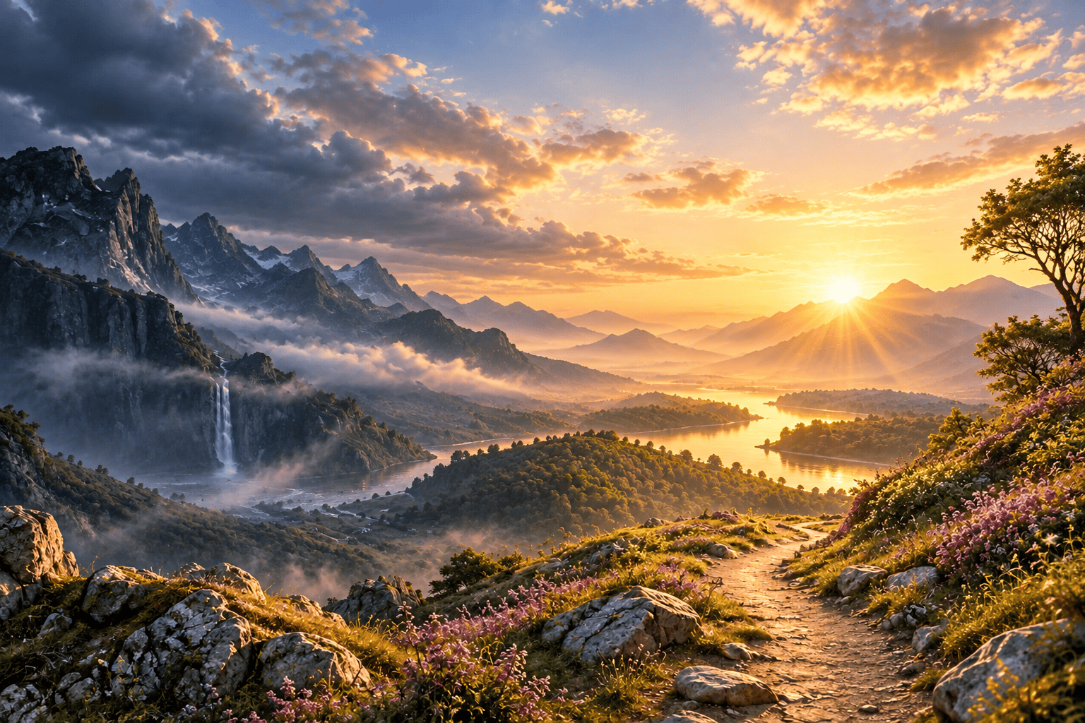 A peaceful landscape transitioning from darkness into warm dawn light, illustrating the natural rhythms and cycles of life.