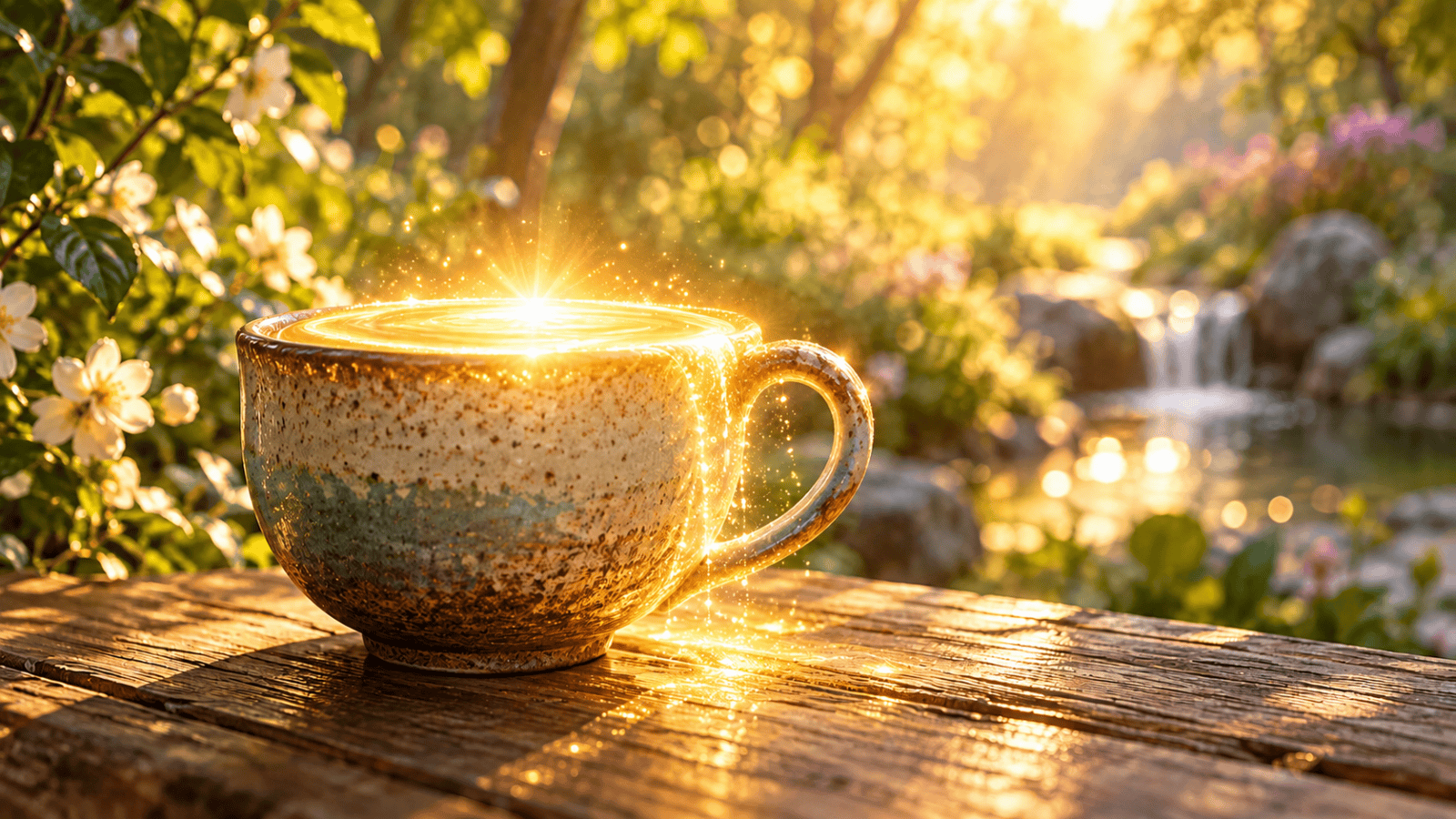 A ceramic cup with a handle filled with glowing golden liquid light in a peaceful natural setting