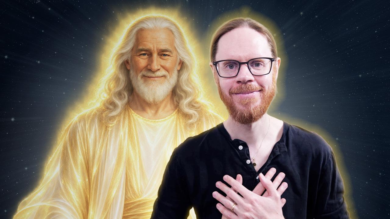 David Essery beside a luminous depiction of Melchizedek against a starry background
