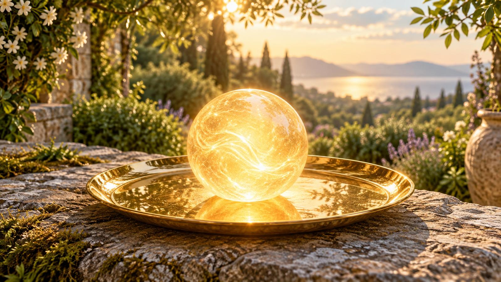 A glowing sphere of golden light resting on a golden platter in a peaceful garden.